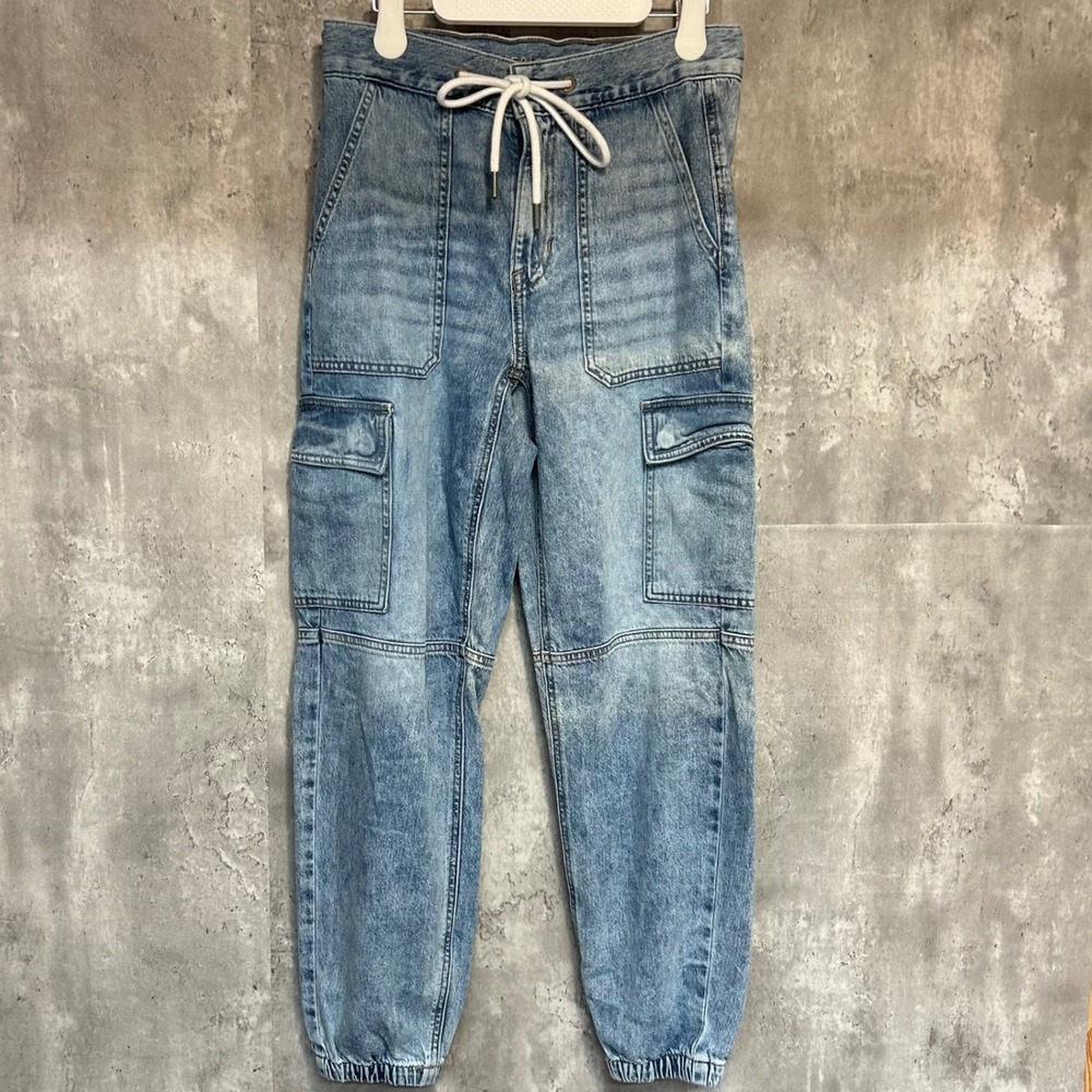 American Eagle Womens Cargo Denim Joggers Light Wash Drawstring Blue Size 2 Reg